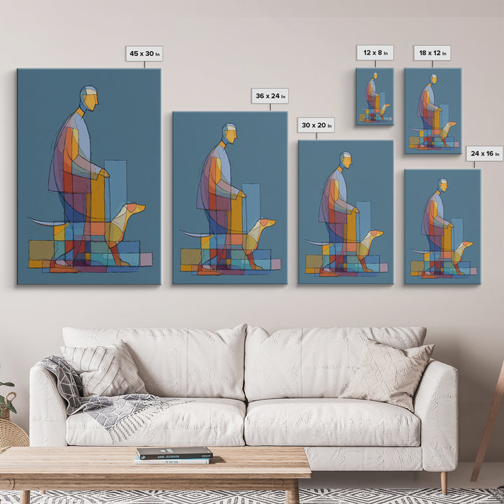 Transparent Geometric Man Dog Wall Art, Midcentury Modern Art Print, Abstract Line Drawing, Blue Bauhaus Living Room Decor