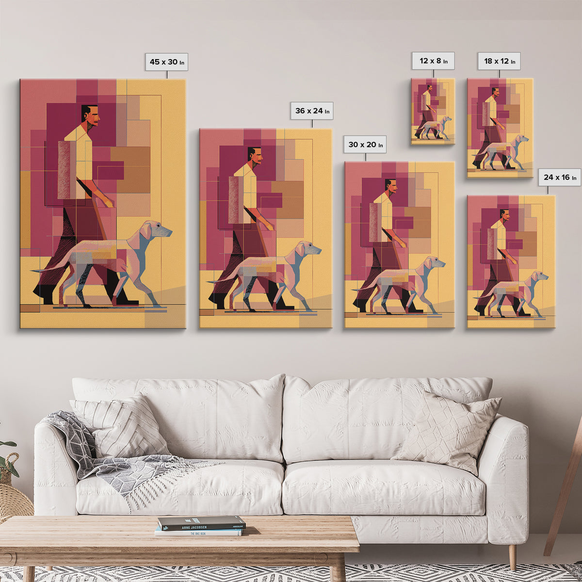 Pastel Man Walking Dog Canvas Print, Midcentury Modern Wall Art, Geometric Pink Orange Poster, Contemporary Pet Decor Gift