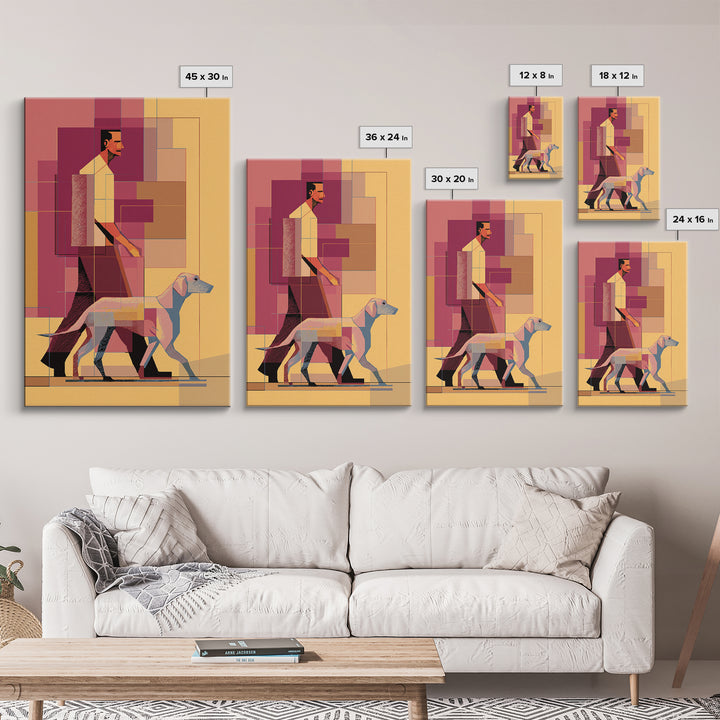 Pastel Man Walking Dog Canvas Print, Midcentury Modern Wall Art, Geometric Pink Orange Poster, Contemporary Pet Decor Gift