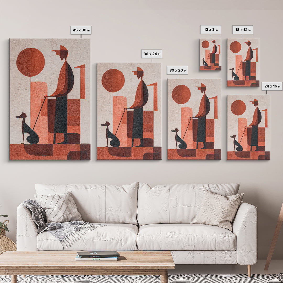 Retro Red Man With Dog Wall Art, Midcentury Modern Art Print, Geometric Sun Poster, Burnt Orange Home Decor Gift For Him