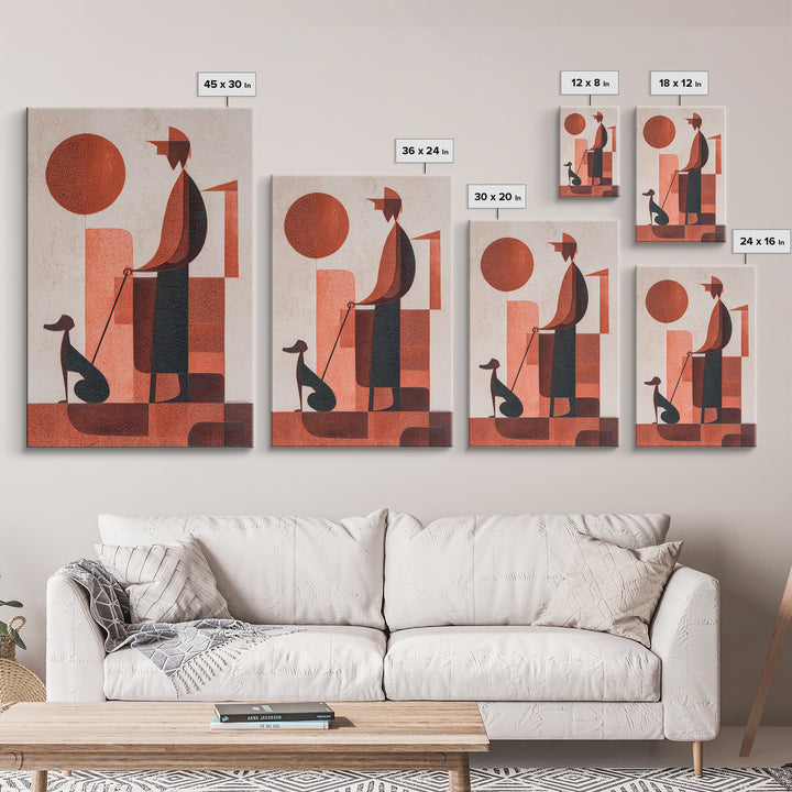Retro Red Man With Dog Wall Art, Midcentury Modern Art Print, Geometric Sun Poster, Burnt Orange Home Decor Gift For Him
