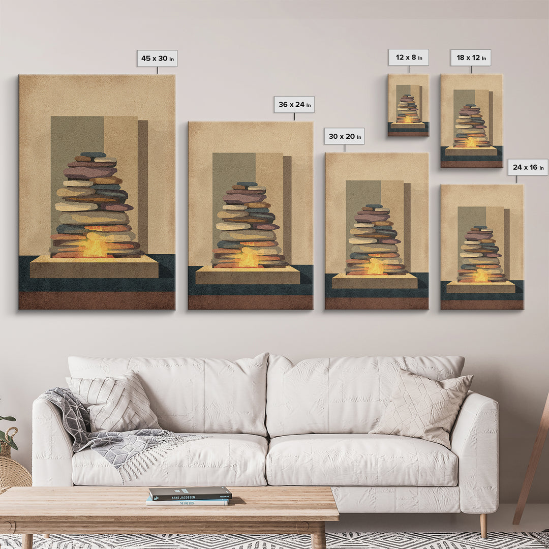 Stacked Stone Hearth With Glowing Fire Wall Art, Midcentury Modern Abstract Print, MCM Decor, Earth Tone Living Room Wall Decor