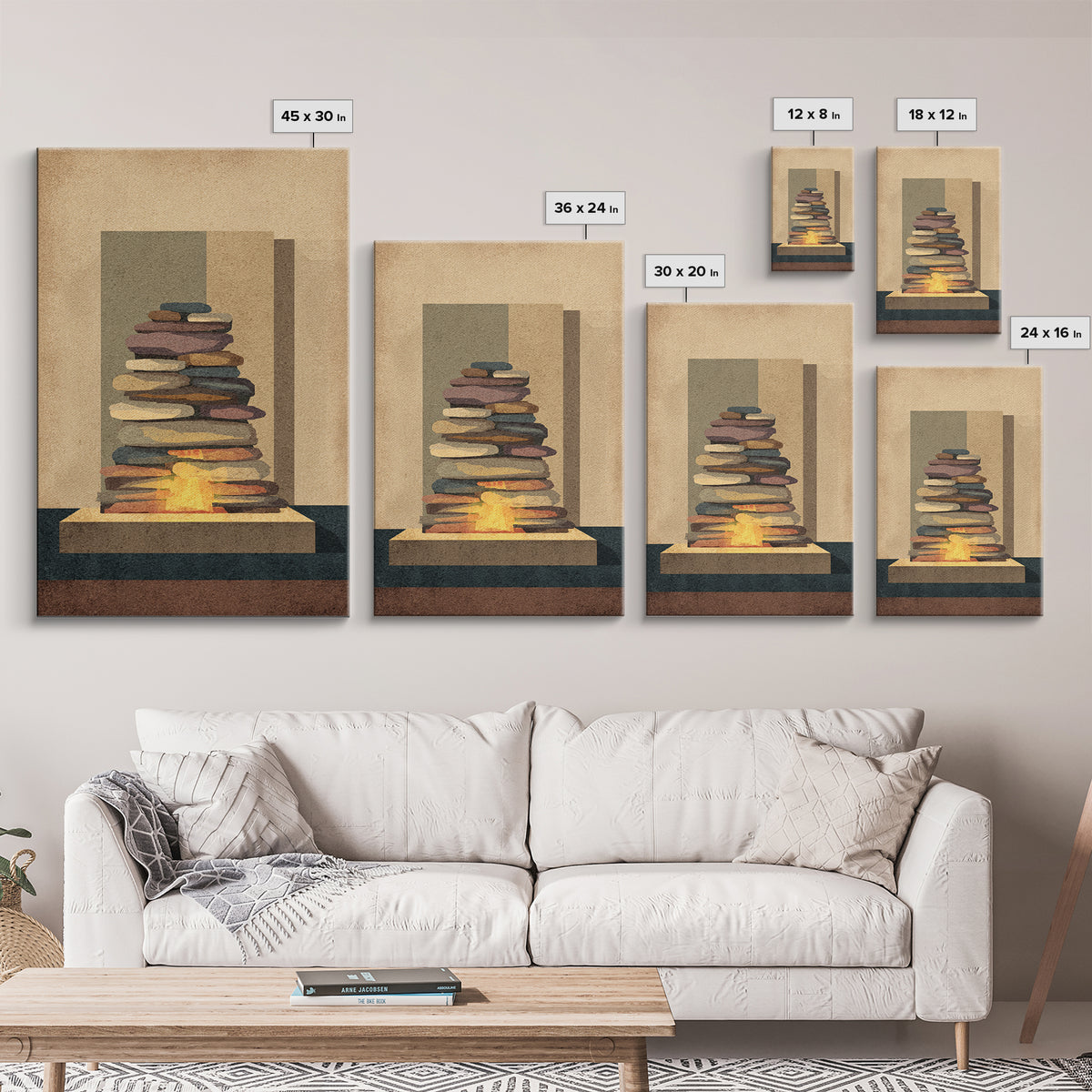 Stacked Stone Hearth With Glowing Fire Wall Art, Midcentury Modern Abstract Print, MCM Decor, Earth Tone Living Room Wall Decor
