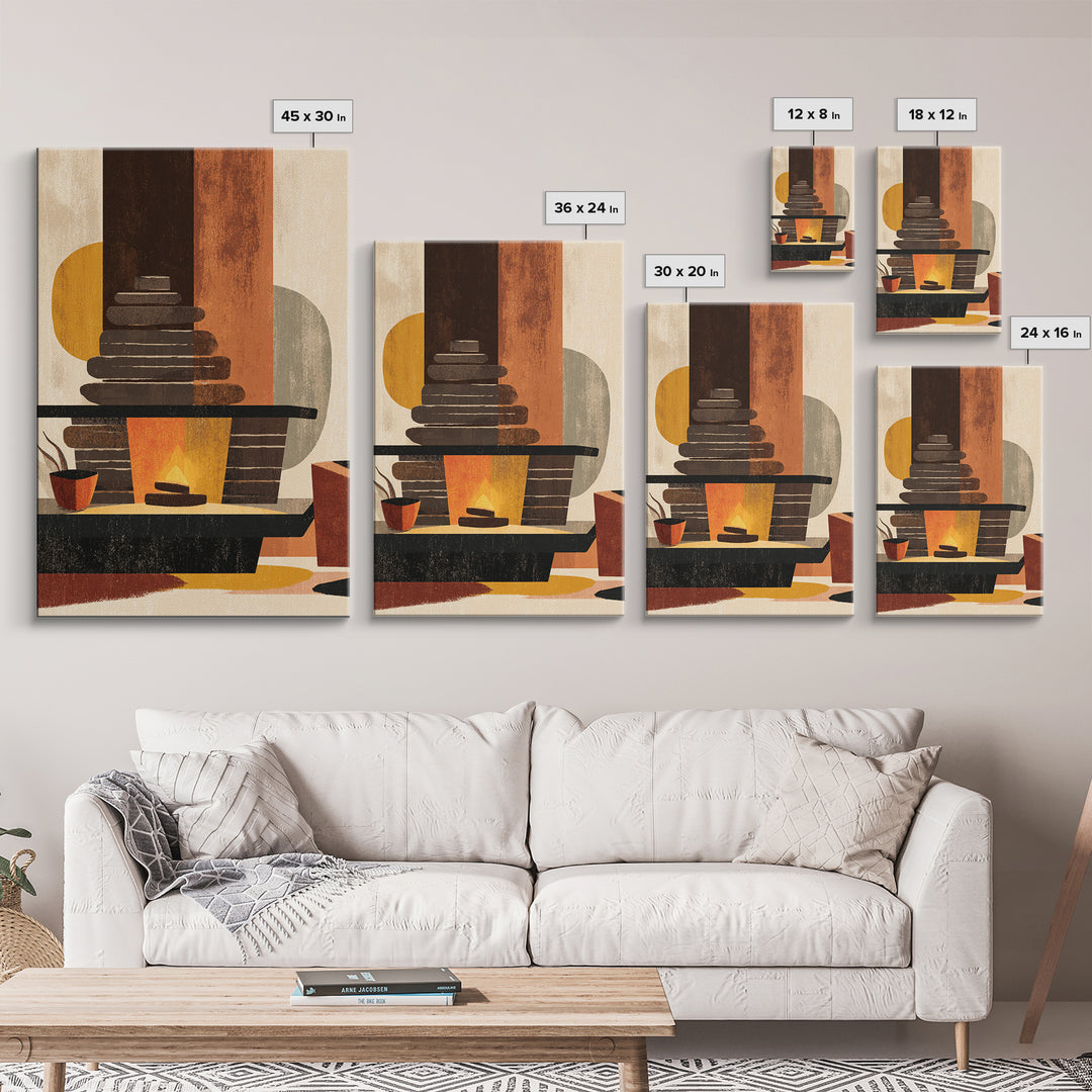 Retro Fireplace And Plant Canvas Print, Midcentury Modern Wall Art, Atomic Ranch Decor, Orange Teal Living Room Poster Prints