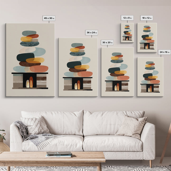 Balanced Pebble Stack Over Fireplace Framed Canvas Print, Midcentury Abstract Wall Art, Neutral MCM Decor, Colorful Home Art