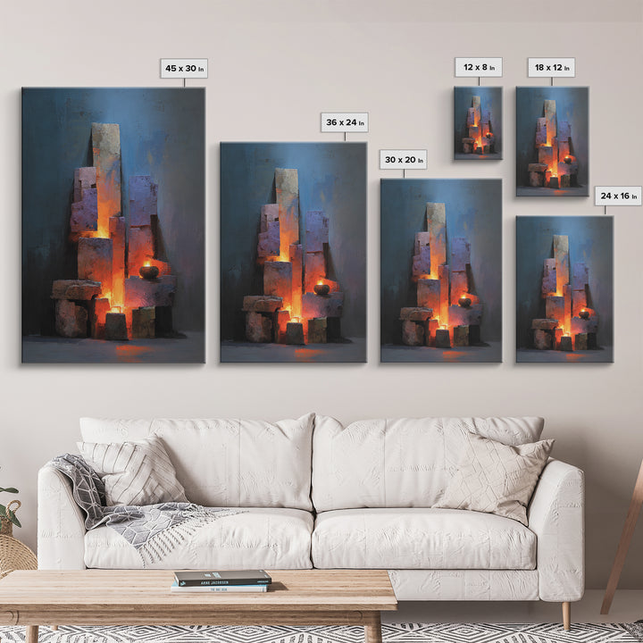 Glowing Brutalist Blocks And Candle Wall Art, Modern Abstract Art Print, Moody Blue Orange Decor, Industrial Home Office Poster