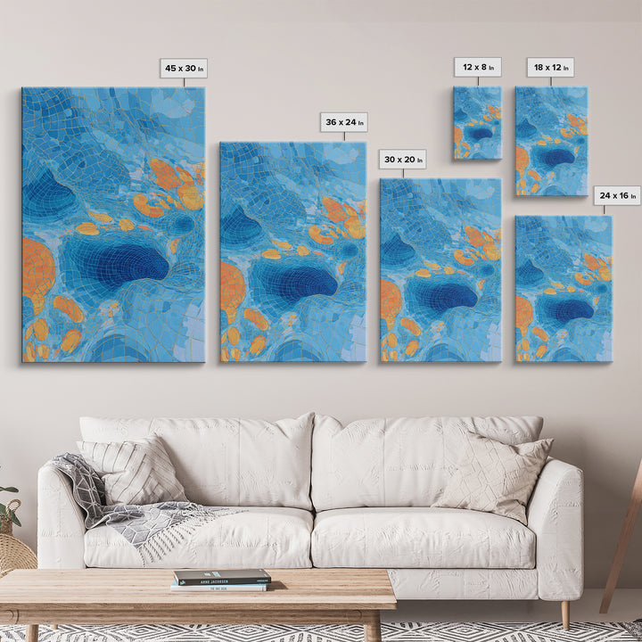 Blue Orange Warped Mosaic Grid Canvas Print, Modern Abstract Art, Op Art Wall Decor, Geometric Wall Art For Living Room Decor