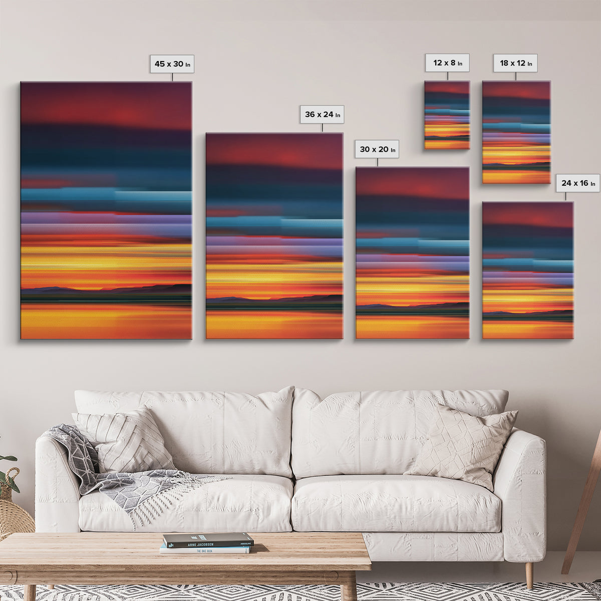 Fiery Desert Sunset Wall Art, Orange Red Horizon Canvas Print, Retro Modern Landscape Poster, Bold Living Room Decor Prints