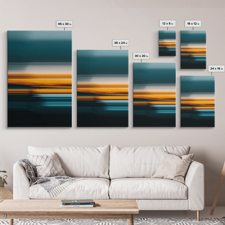 Teal Orange Seascape Sunset Wall Art, Moody Abstract Canvas Print, Modern Coastal Landscape Decor, Large Bedroom Art Print