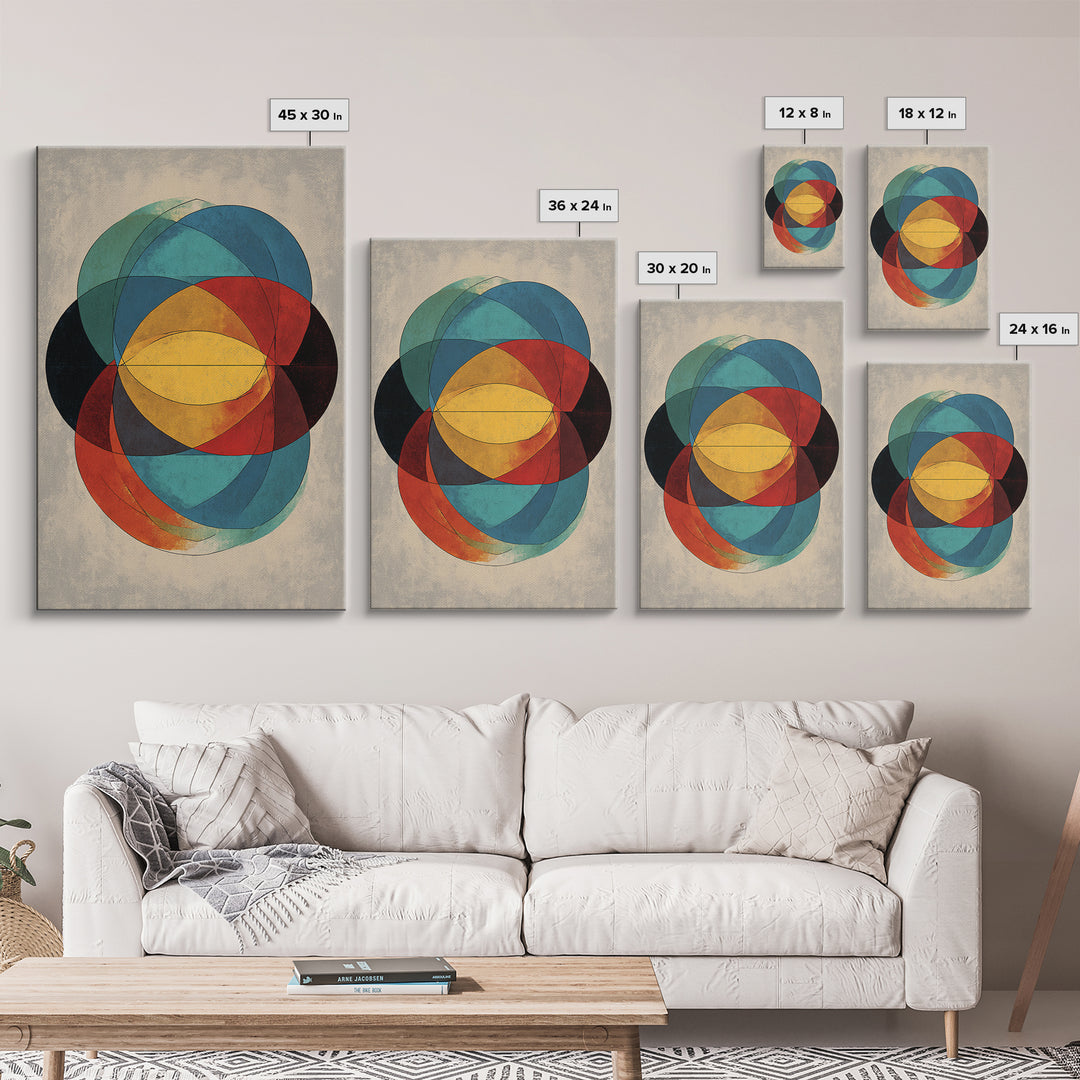 Overlapping Circles Geometric Wall Art, Midcentury Modern Abstract Canvas Print, Bauhaus Style Colorful Home Decor Poster