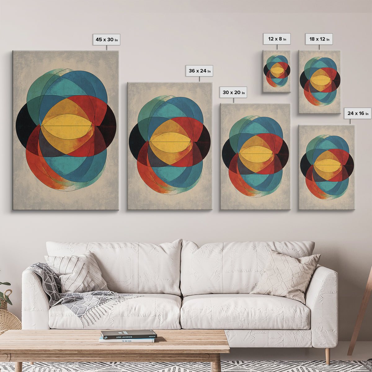 Overlapping Circles Geometric Wall Art, Midcentury Modern Abstract Canvas Print, Bauhaus Style Colorful Home Decor Poster