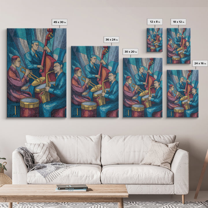 Colorful Jazz Band Trumpet Bass Drums Framed Canvas Print, Midcentury Modern Wall Art, Music Room Decor, Retro Poster Gift