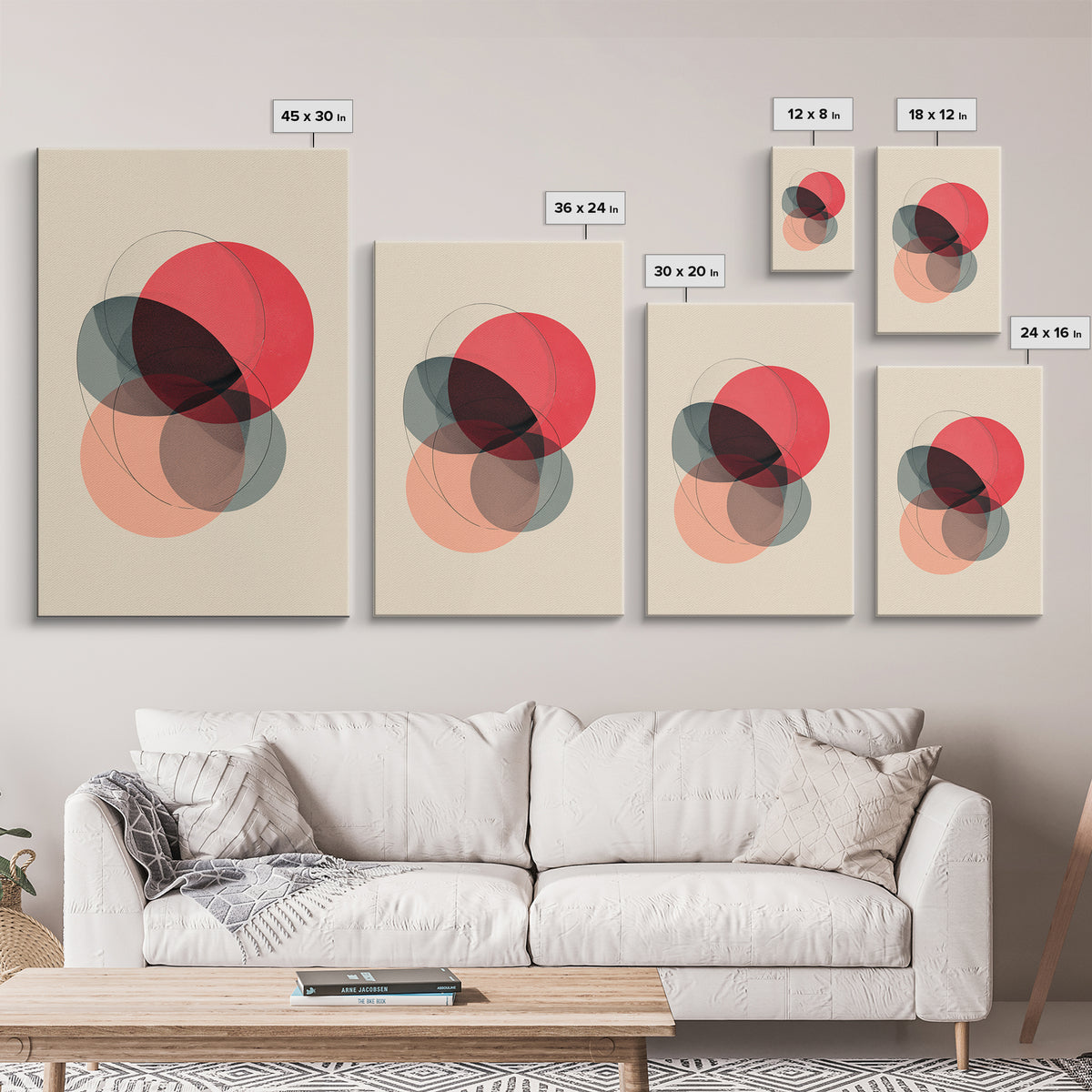 Red Peach Abstract Circles Wall Art, Minimalist Geometric Canvas Print, Midcentury Modern Decor, Neutral Bedroom Print Poster