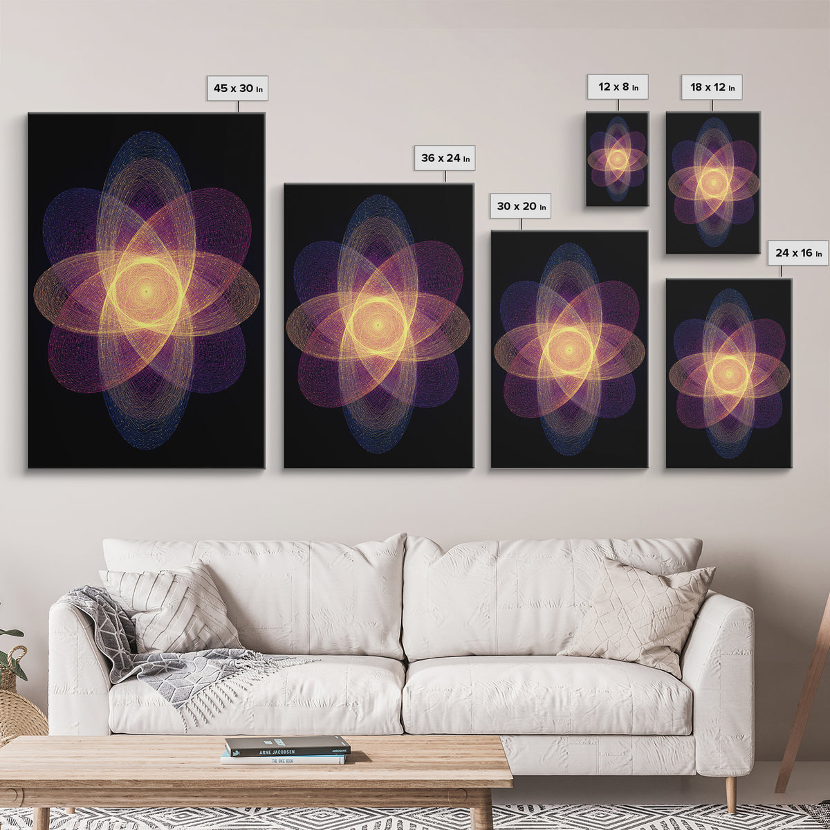 Radiant Purple Gold Atomic Flower Framed Canvas Print, Midcentury Modern Wall Art, Cosmic Geometric Art, Retro Decor Poster