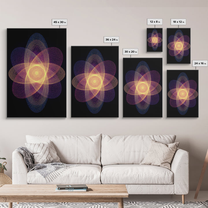 Radiant Purple Gold Atomic Flower Framed Canvas Print, Midcentury Modern Wall Art, Cosmic Geometric Art, Retro Decor Poster
