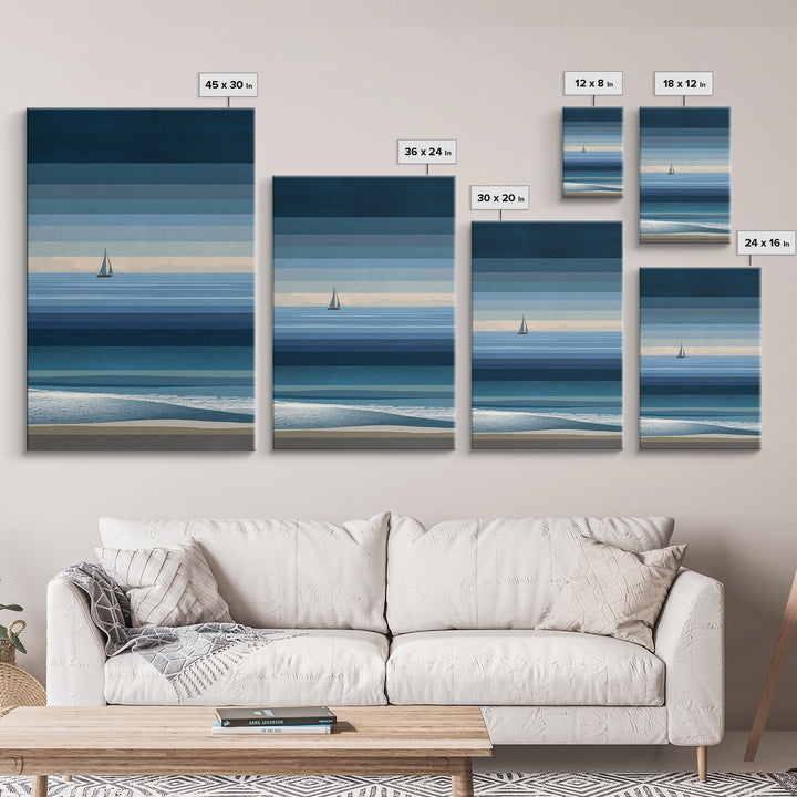 Minimal Blue Sailboat Seascape Wall Art, Coastal Landscape Art Print, Modern Wall Decor, Calm Ocean Nautical Home Decor Gift