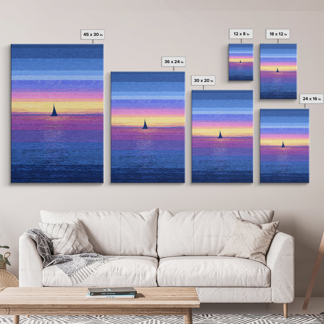 Vivid Sunset Sailboat Horizon Canvas Print, Blue Pink Coastal Wall Art, Modern Art Print, Ocean Landscape Home Decor Poster