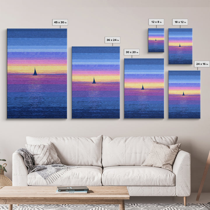 Vivid Sunset Sailboat Horizon Canvas Print, Blue Pink Coastal Wall Art, Modern Art Print, Ocean Landscape Home Decor Poster