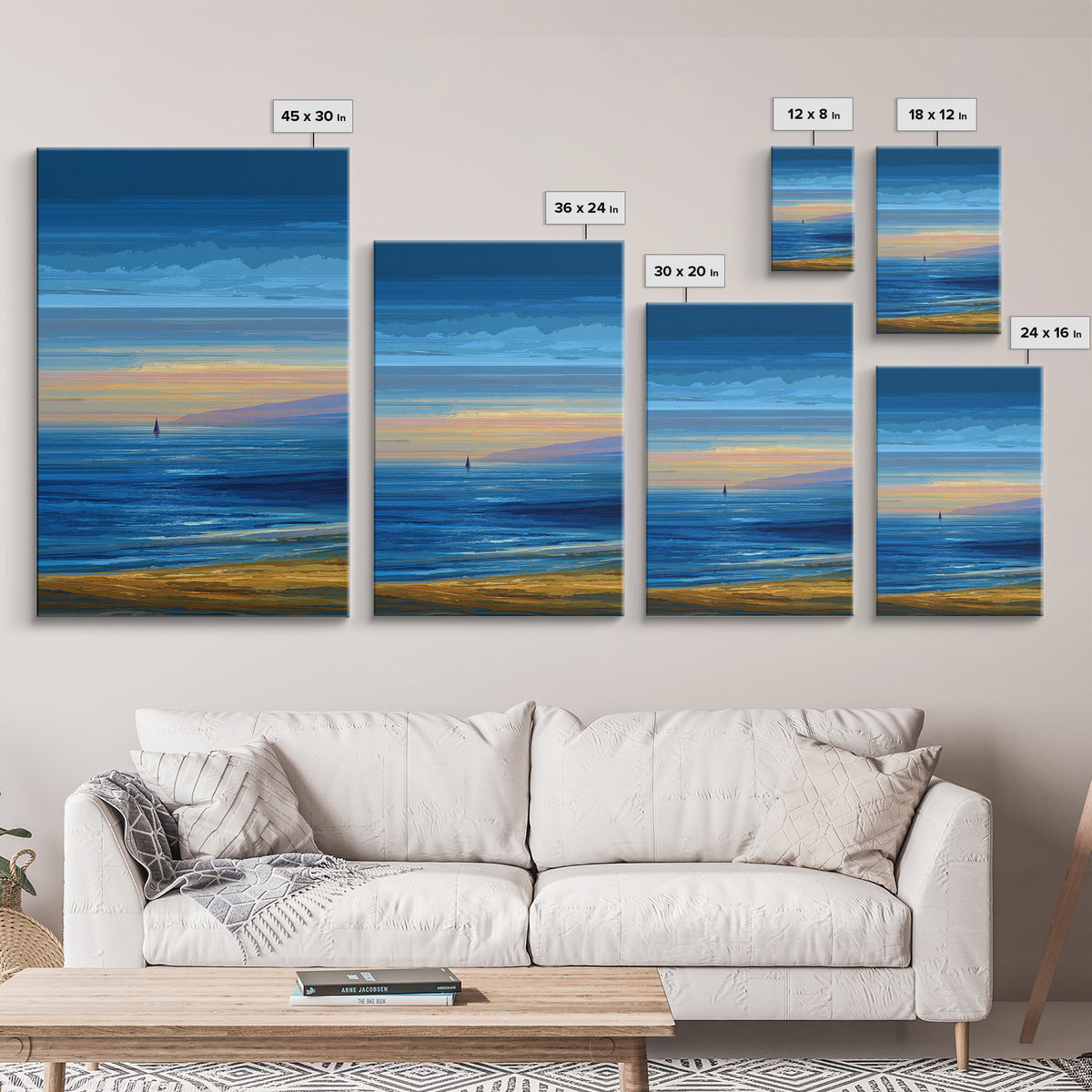 Blue Coastal Sunset Sailboat Framed Canvas Print, Ocean Beach Wall Art, Modern Landscape Art, Nautical Living Room Decor