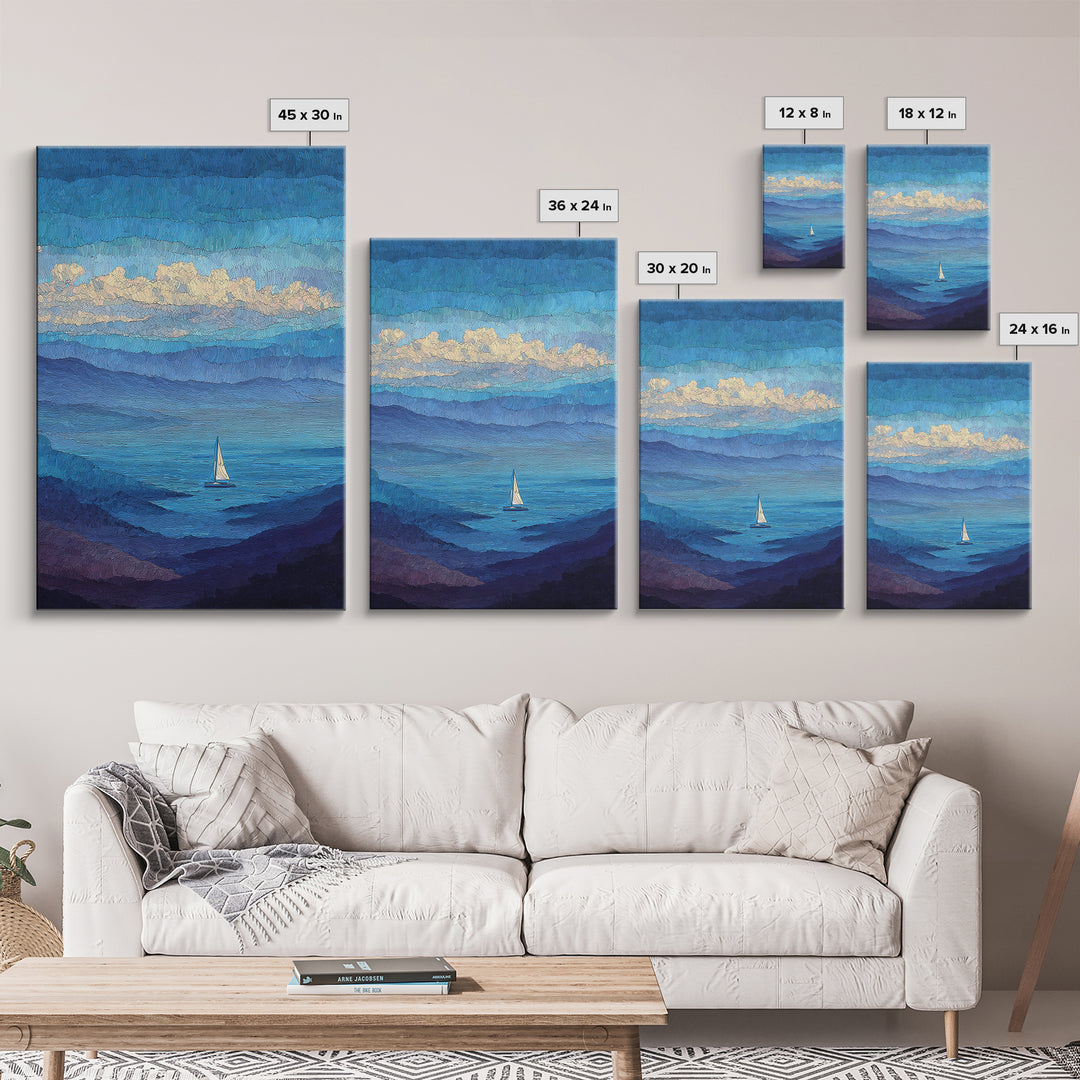 Textured Blue Mountain Lake Sailboat Wall Art, Scenic Coastal Landscape Print, Modern Home Decor, Peaceful Nature Artwork