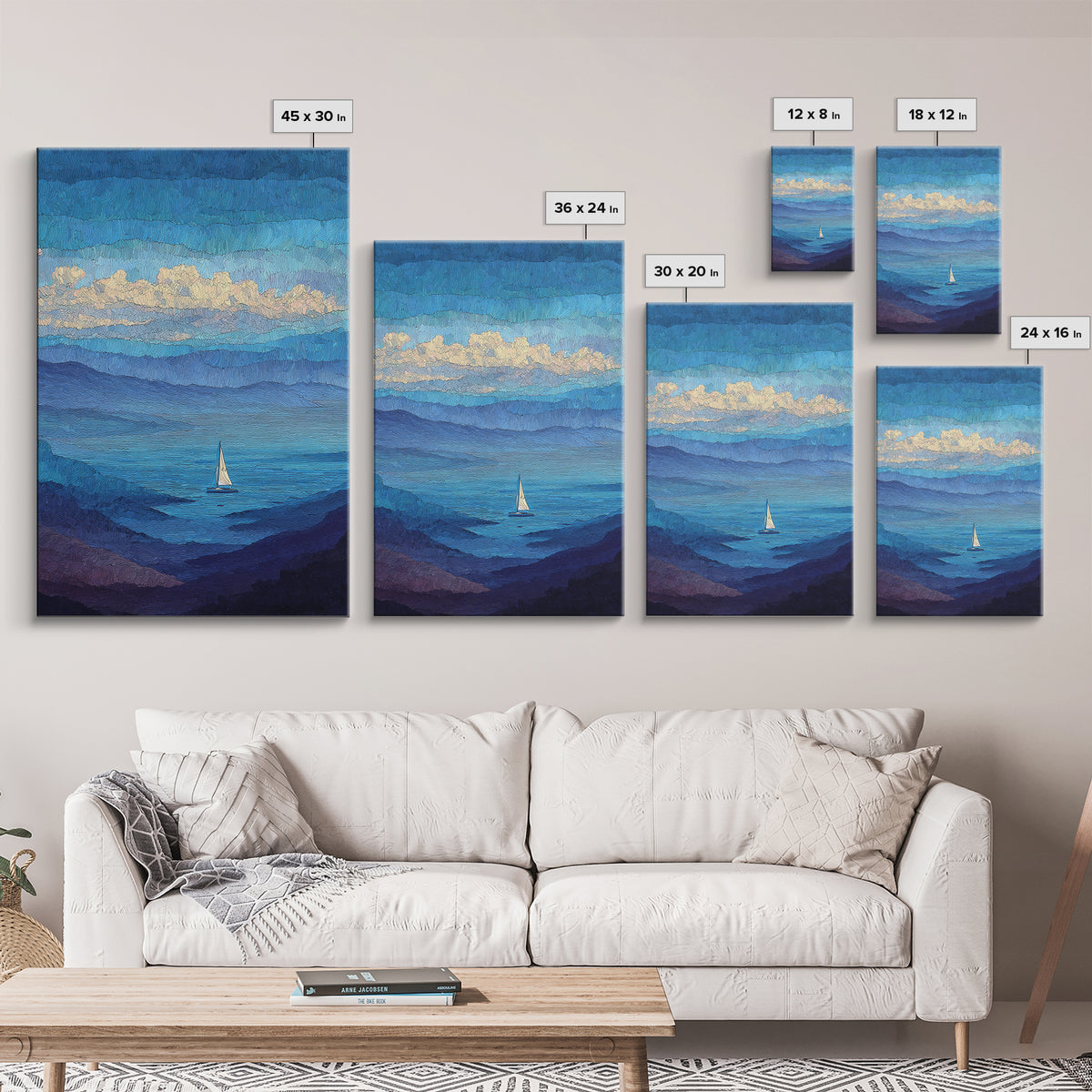 Textured Blue Mountain Lake Sailboat Wall Art, Scenic Coastal Landscape Print, Modern Home Decor, Peaceful Nature Artwork