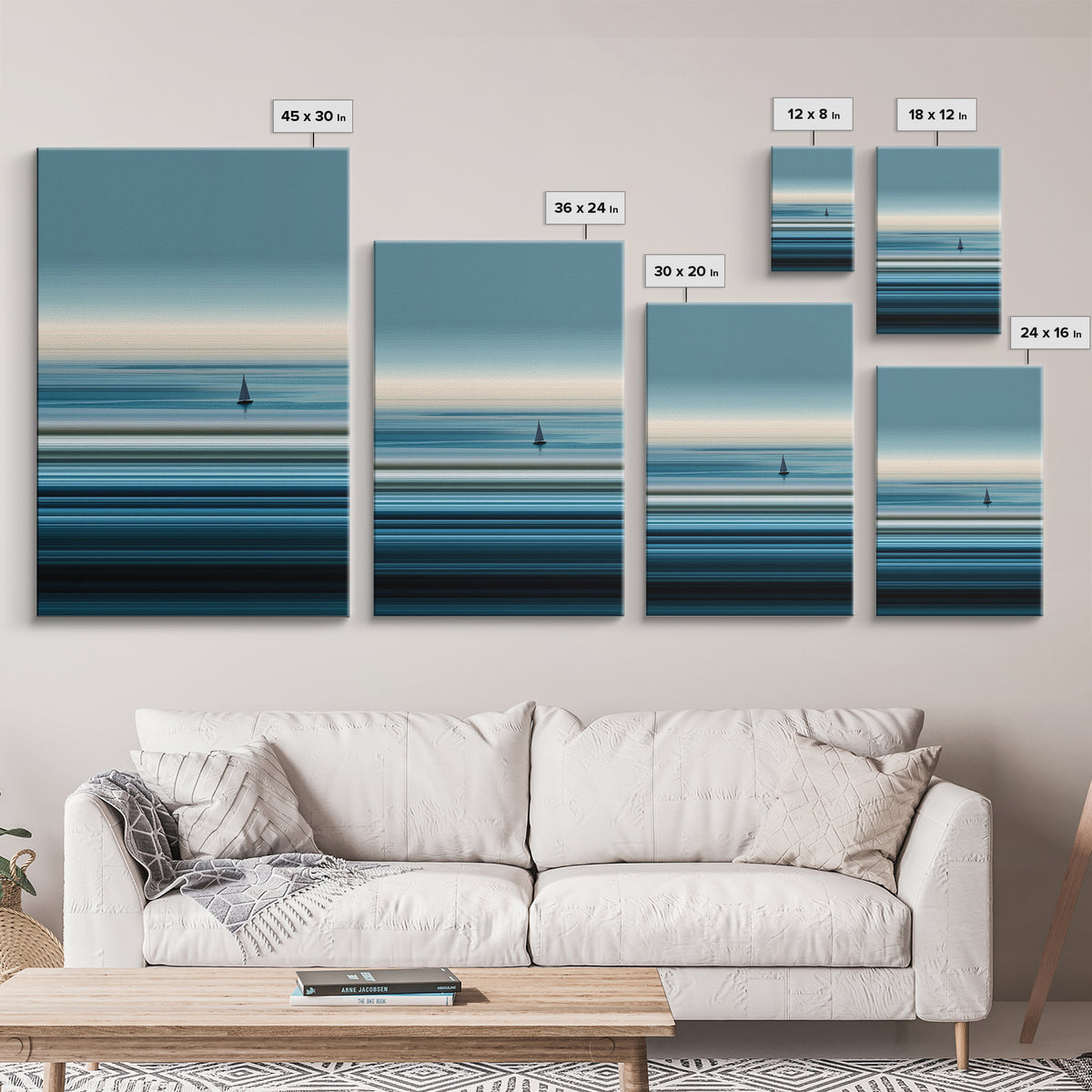 Minimalist Calm Sea Sailboat Canvas Print, Blue Horizontal Ocean Wall Art, Modern Coastal Decor, Serene Home Office Art Print