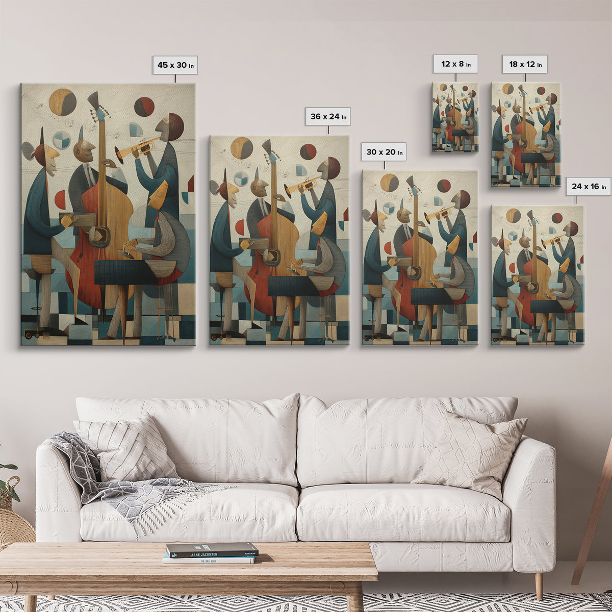 Cubist Jazz Trio With Upright Bass And Trumpet Wall Art, Midcentury Modern Art Print, Music Room Decor, Framed Canvas Print