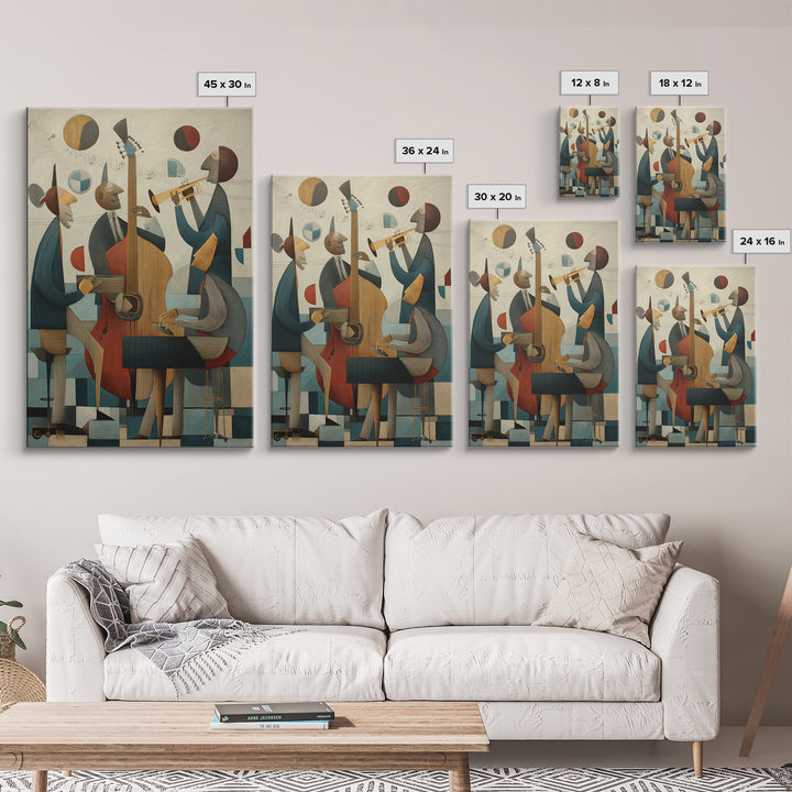 Cubist Jazz Trio With Upright Bass And Trumpet Wall Art, Midcentury Modern Art Print, Music Room Decor, Framed Canvas Print