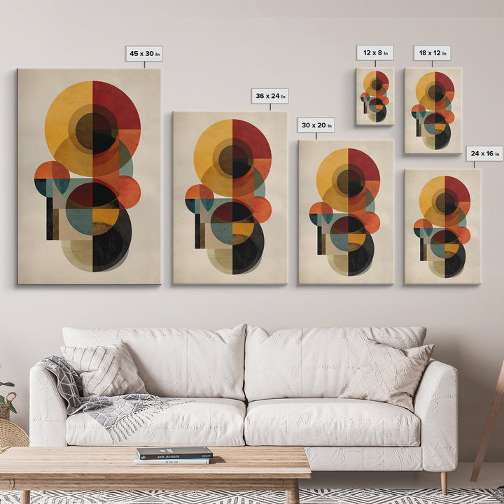 Ochre Red Teal Circle Abstract Framed Canvas Print, Midcentury Modern Wall Art, Geometric Bauhaus Home Decor Poster Print Gift