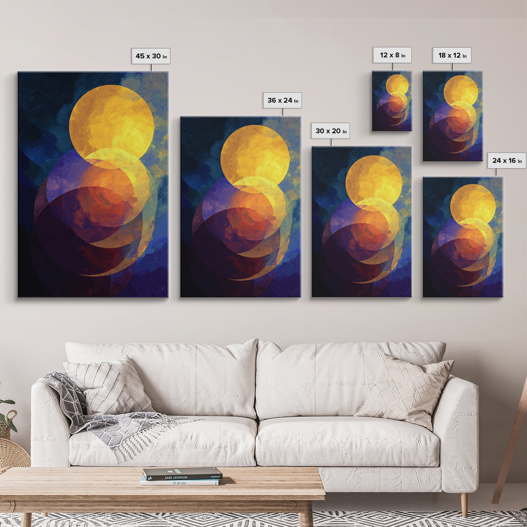 Golden Celestial Circles Abstract Wall Art, Midcentury Modern Art Print, Retro Geometric Decor, Blue Orange MCM Home Decor
