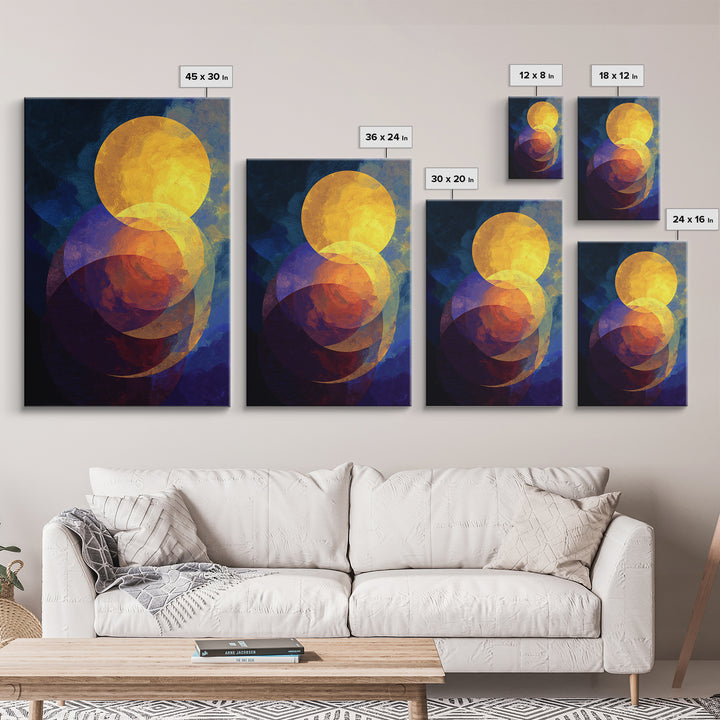 Golden Celestial Circles Abstract Wall Art, Midcentury Modern Art Print, Retro Geometric Decor, Blue Orange MCM Home Decor
