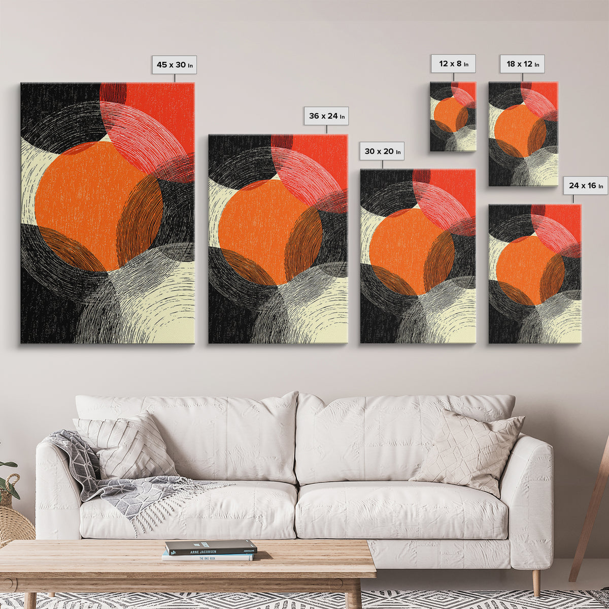 Orange Red Linear Circles Canvas Print, Midcentury Abstract Art, Retro Geometric Wall Decor, Bold Modern MCM Poster, Home Decor