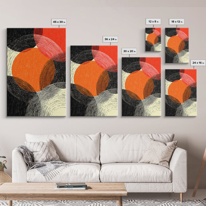 Orange Red Linear Circles Canvas Print, Midcentury Abstract Art, Retro Geometric Wall Decor, Bold Modern MCM Poster, Home Decor
