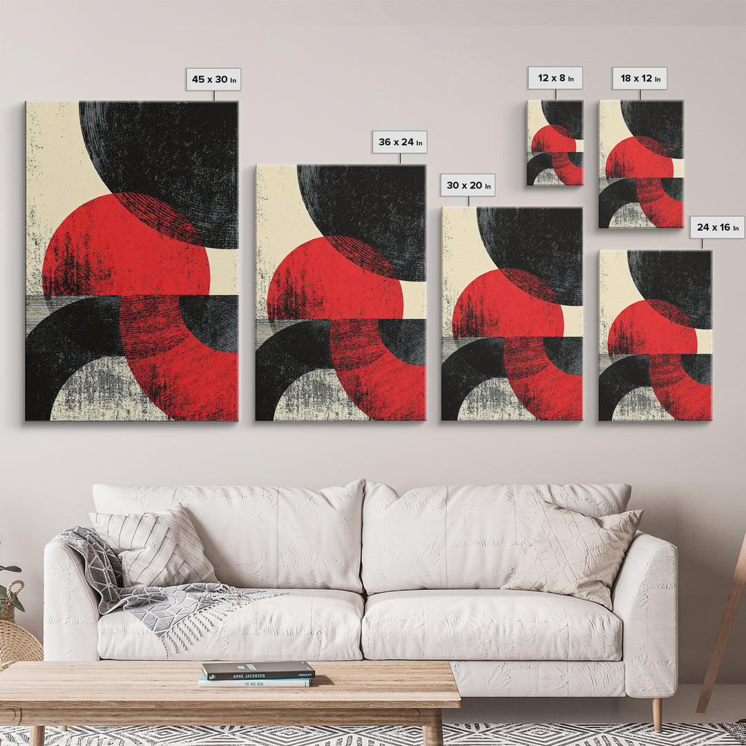 Red Black Half Moon Abstract Wall Art, Midcentury Modern Print, Retro Geometric Poster, Minimalist Bauhaus MCM Home Decor