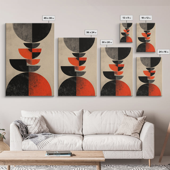 Stacked Red Black Semicircle Canvas Print, Midcentury Modern Abstract Art, Geometric Bauhaus Poster, Minimalist Decor For Living Room