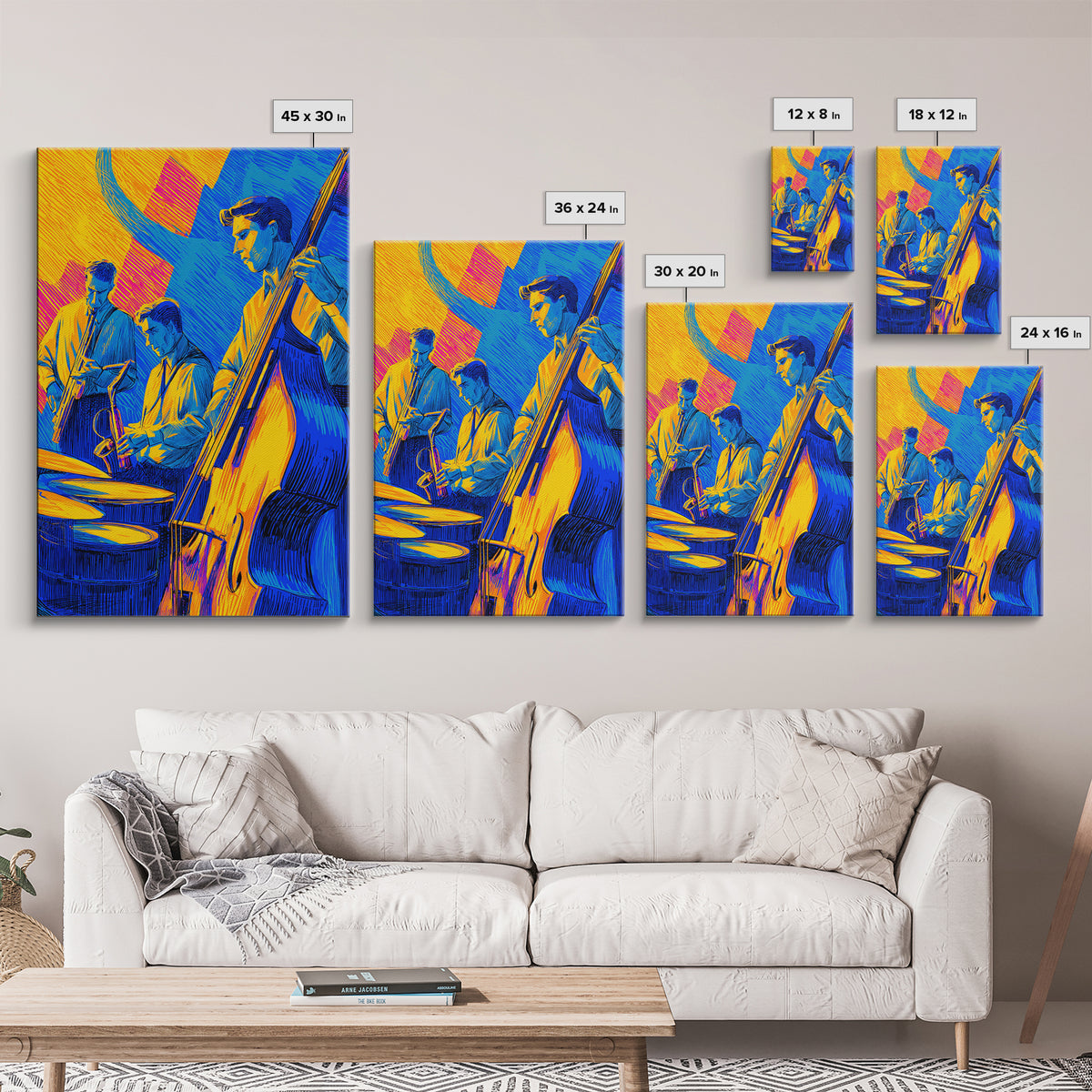 Neon Blue Yellow Jazz Trio Canvas Print, Bold Modern Wall Art, Colorful Music Poster, Midcentury Decor, Large Art Print Gift