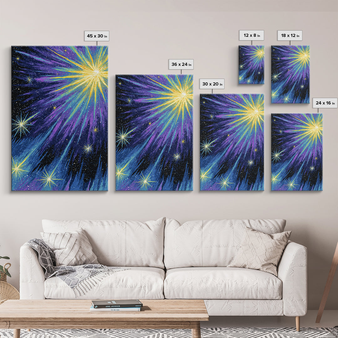 Radiant Comet Starburst Night Sky Framed Canvas Print, Cosmic Retro Wall Art, Space Abstract Art, Modern Home Decor, Gallery Wall Art