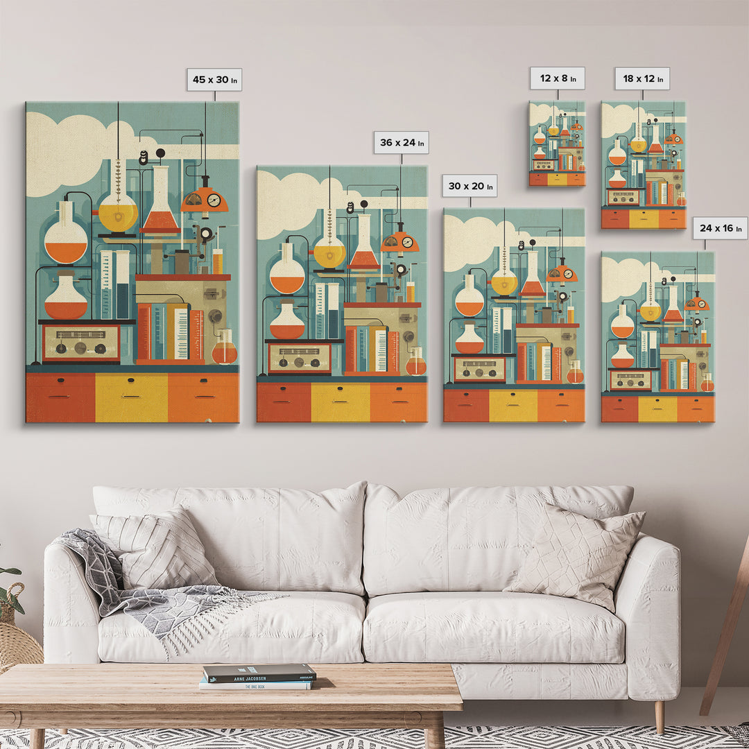 Midcentury Science Lab Beakers Canvas Print, Retro Chemistry Wall Art, Atomic Modern Decor, Office Poster, Orange MCM Art