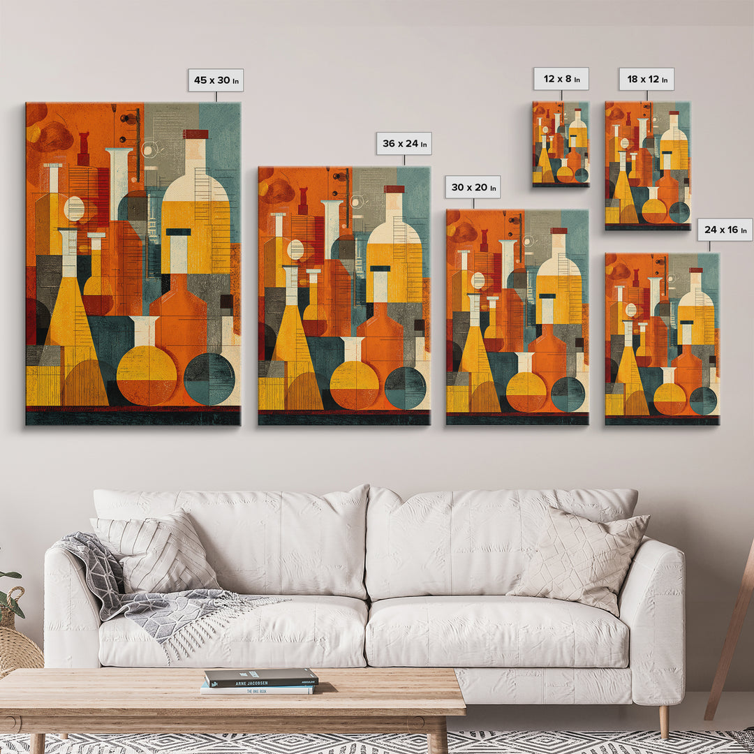 Abstract Chemistry Bottles Wall Art, Midcentury Modern Canvas Print, Atomic Science Poster, Orange Teal Office Decor, MCM Decor