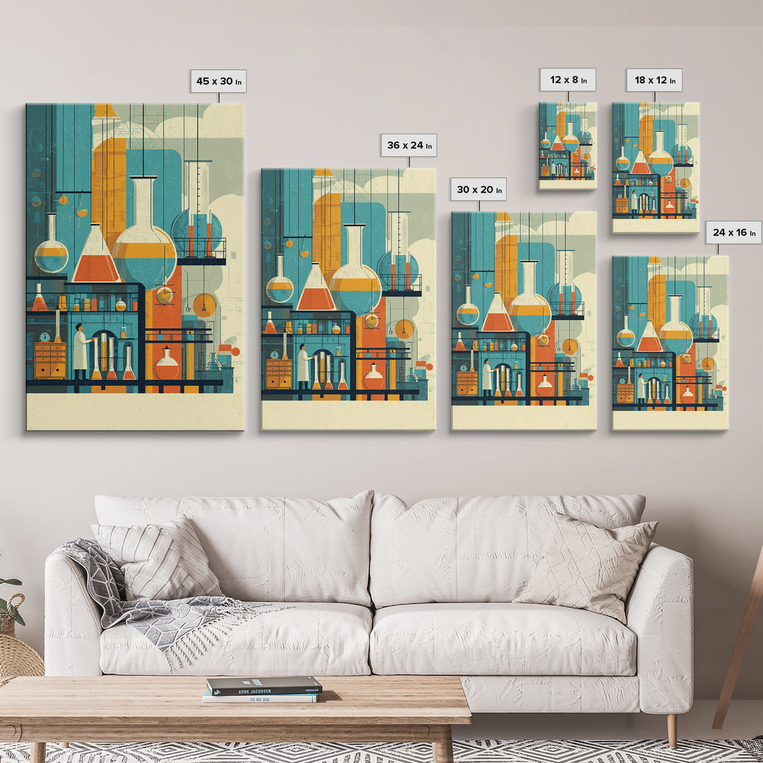 Towering Science Lab Glassware Wall Art, Midcentury Modern Canvas Print, Retro Chemistry Poster, Atomic Office Decor, MCM Art