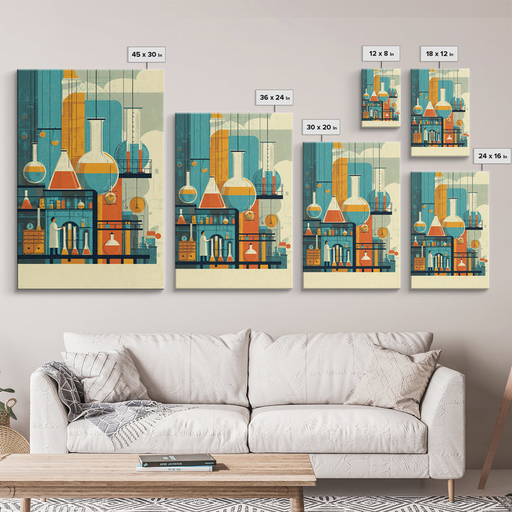 Towering Science Lab Glassware Wall Art, Midcentury Modern Canvas Print, Retro Chemistry Poster, Atomic Office Decor, MCM Art