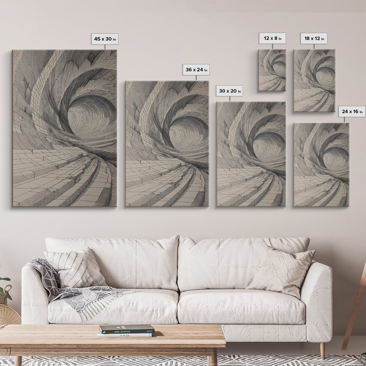 Architectural Tunnel Perspective Canvas Print, Modern Abstract Wall Art, Black Beige Geometric Lines, Office Decor Gift Print