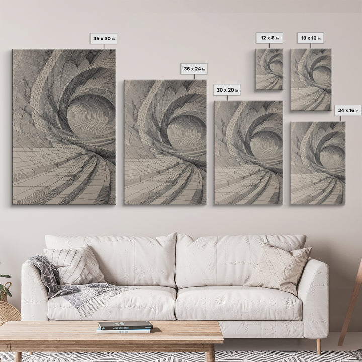 Architectural Tunnel Perspective Canvas Print, Modern Abstract Wall Art, Black Beige Geometric Lines, Office Decor Gift Print