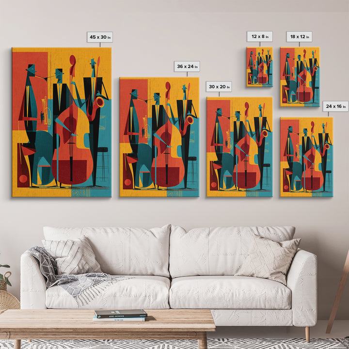 Retro Abstract Jazz Band With Bass And Saxophone Wall Art, Midcentury Modern Poster, Orange Teal Decor, Framed Canvas Print