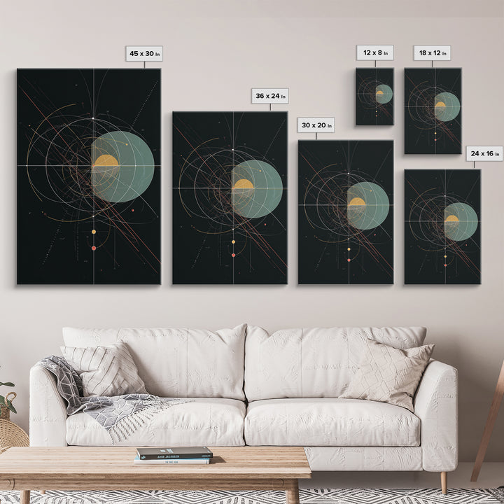 Black Celestial Geometry Diagram Canvas Print, Modern Abstract Art Print, Geometric Wall Art, Atomic Space Office Decor Poster