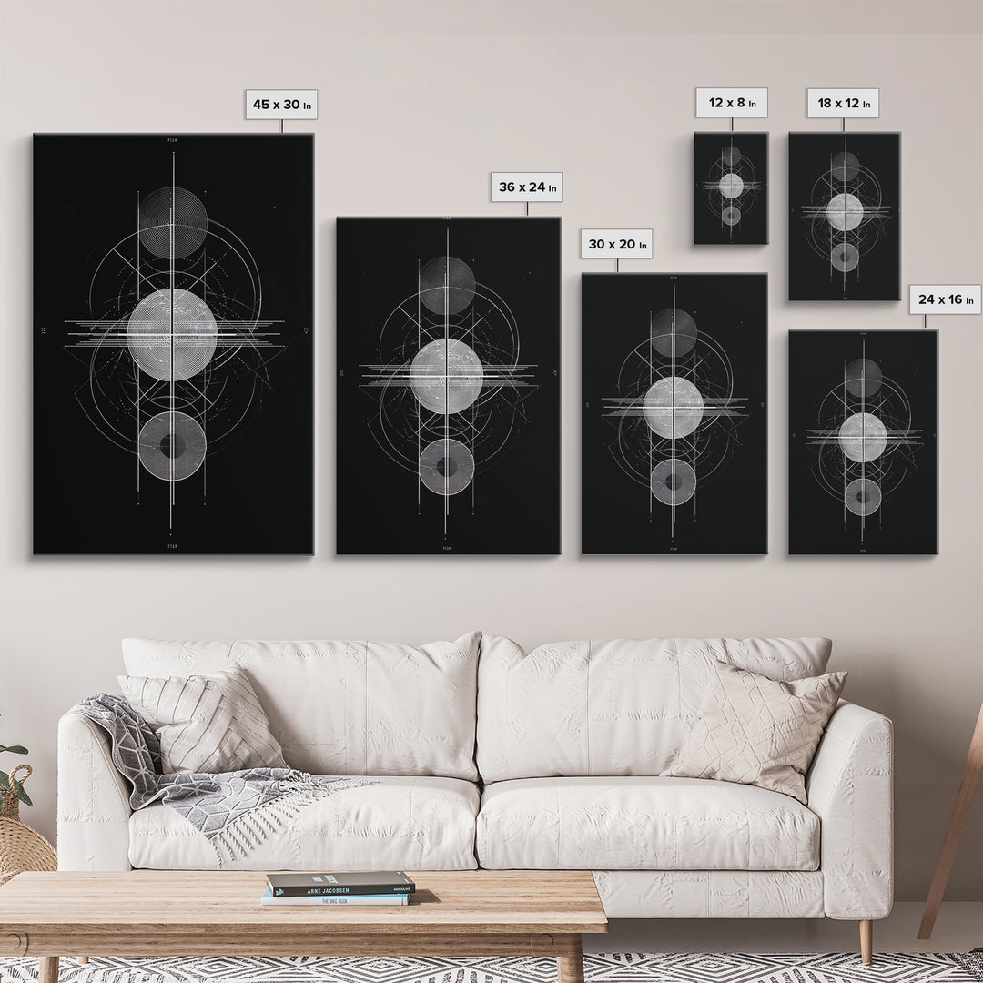 Monochrome Planet Alignment Diagram Wall Art, Modern Geometric Art Print, Midcentury Atomic Decor, Black Space Poster Print