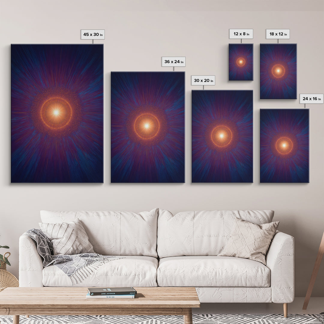 Radiant Orange Cosmic Halo With Blue Purple Rays Wall Art, Midcentury Modern Art, Abstract Space Poster, Mcm Wall Decor Print