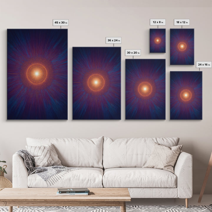 Radiant Orange Cosmic Halo With Blue Purple Rays Wall Art, Midcentury Modern Art, Abstract Space Poster, Mcm Wall Decor Print