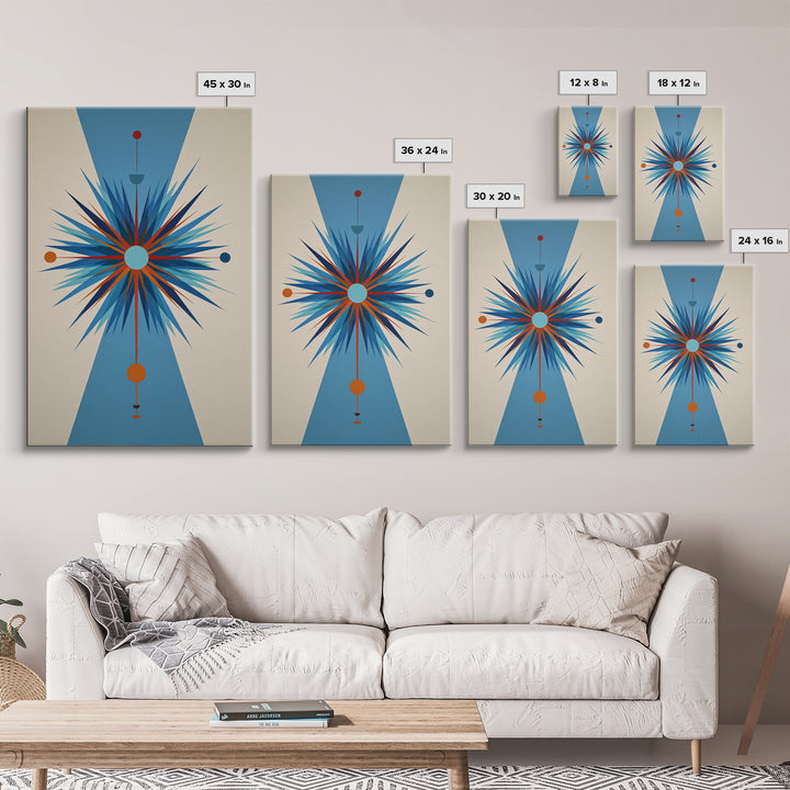 Blue Orange Atomic Starburst On Beige Canvas Print, Midcentury Modern Art, Geometric Wall Art, Retro Mcm Home Decor, 50s Art Print