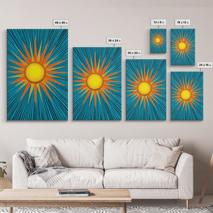 Bright Yellow Sunburst With Turquoise Rays Wall Art, Midcentury Sun, Modern Abstract Art, Retro Pop Art Poster Print, Living Room Decor